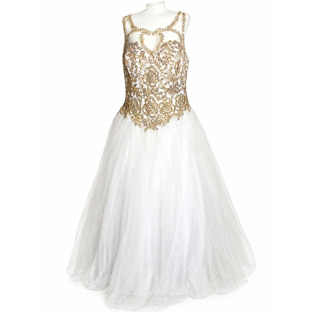 Fiesta Fashion White Gold Beaded Quinceañera Ball Gown Lace Up Dress XXXL